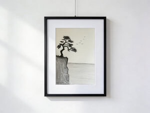 Black and white watercolor of a black tree suspended on the edge of a cliff, with small birds flying in the wind above the void below.