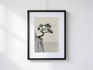 Black and white watercolor of a black tree on the edge of a cliff, curved toward the abyss and then reaching upward, with small birds flying in the wind.