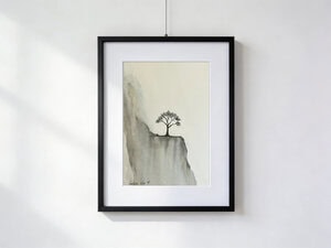 Black and white watercolor of a black tree on a rocky cliff, with leaves falling in the wind and a nearby waterfall whose spray appears golden in the sunlight.