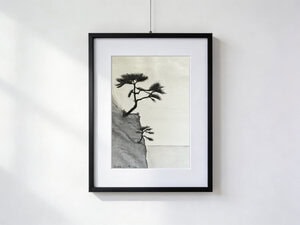 Watercolor of two black trees on a cliff: one larger and one smaller, close together on the edge of the precipice, like a mother and daughter supporting each other.