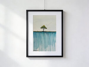 Black tree with golden falling leaves from a cliff above turquoise waterfall, birds in flight, watercolor 30×40 cm with mat