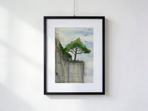 Green tree on rocky wall overlooking the void, birds in open sky, watercolor 30×40 cm with mat