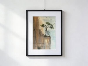 Tree in a small oasis of bushes on a rock face in a desert valley, birds approaching, watercolor 30×40 cm with mount