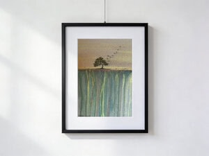 Watercolor by Gordana Majic with solitary black tree on golden edge, turquoise waterfalls descending into a luminous abyss and geese migrating in the mist
