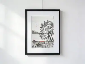 Panchina rossa sul lungolago di Minusio con platani inclinati, Lago Maggiore calmo e montagne sullo sfondo.
