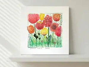 Piccolo giardino astratto 3, acquarello, acrilico e china di Gordana Majic con forme ispirate a fiori e foglie su cartoncino telato quadrato.