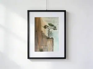 Albero in oasi solitaria nella valle, acquarello con china e matita, 30×40 cm con paspartout, opera originale di Gordana Majic (Minusio, 2026).