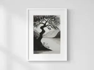 The Tree by the Lake in the Moonlight, monochromatic watercolor by Gordana Majic with large dark tree on the shore, calm lake, mountains in the background, and bright moon in the sky.