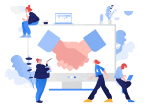 working_process_3333x2500 An illustration of shaking hands on a monitor, team members working around it