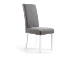 Pair of Shankar Randall Dining Chairs Stud Detail Linen Effect Steel Grey in White Legs