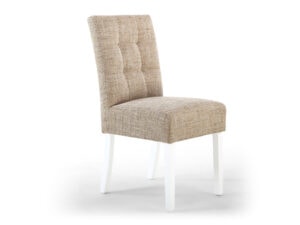 Pair of Shankar Moseley Dining Chairs Stitched Waffle Tweed Oatmeal in White Legs