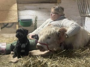 Entspannter Mensch mit zwei Hunden auf dem Wellnesshof RaJa, naturnahe Atmosphäre, Tierliebe, Ruhe, Erholung, ländliche Umgebung, nachhaltiger Urlaub, Wellness, Tierfreundlichkeit, Erlebnisurlaub, Auszeit auf dem Bauernhof.