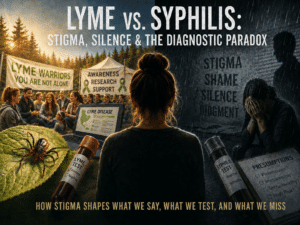 Split-panel illustration contrasting a sunny Lyme disease support community with an isolated person in the rain representing syphilis stigma and silence.