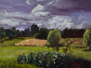 Oil painting by Andrea Bocedi of Storm clouds over a small village