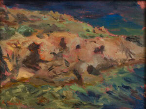 Original plein air oil painting of the red granite coast at Isola Rossa, Sardinia, Italy by Andrea Bocedi, with Mediterranean rocks and turquoise sea.