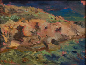 Original plein air oil painting of red rocks in Isola Rossa, Sardinia, with warm coastal tones and expressive brushwork