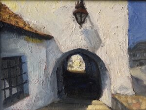 Kazimierskie Podcienie framed oil painting of historic arcades in Kazimierz Dolny by Andrea Bocedi, 18 × 24 cm