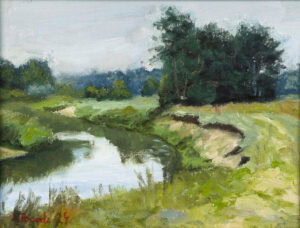 Original oil painting of the Radomka River on an overcast summer day, peaceful Polish river landscape with green meadows and trees by Andrea Bocedi.