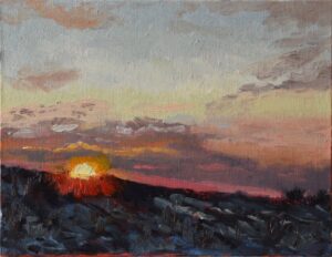 Winter sunset over snow covered field with dramatic cloudy sky oil painting