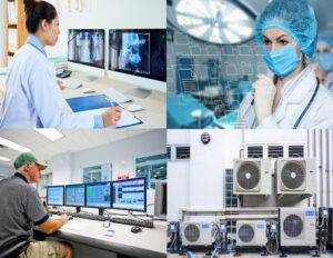 A collage of different medical personnel working in a lab.