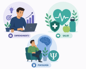 Infografía sobre bienestar psicológico y salud mental para emprendedores basada en estándares de la OMS.