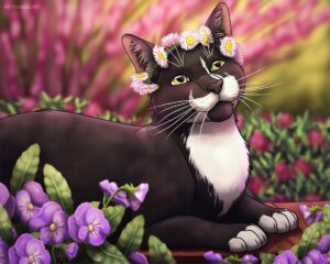 A tuxedo cat wearing a flower crown sitting in a garden.