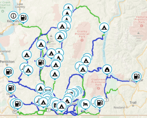 Gaia map of the Kootenay Boundary motorcycle routes