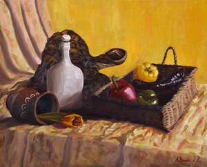 Still life with bell peppers and tableware