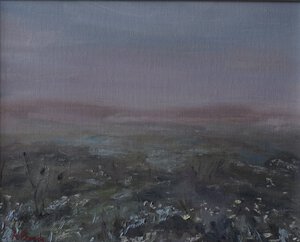 original oil painting showing morning mists on polish fields and meadows painted by Andrea Bocedi