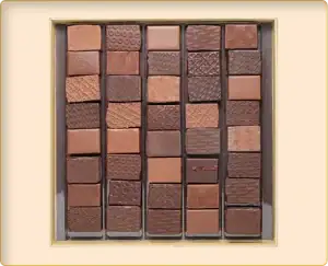 Boîte de chocolats composée de plusieurs carrés de chocolat au lait et noir, présentés dans un coffret.