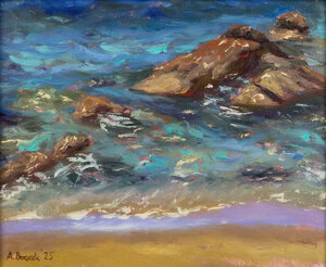 Original oil painting of Cala Pischina beach in Gallura, Sardinia, showing turquoise water, rocks and a sandy shore
