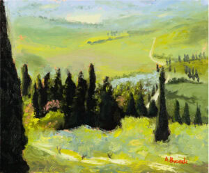 Original oil painting of rolling Tuscan hills and cypress trees near Pienza, Tuscany, Italy by Andrea Bocedi.