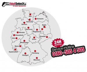 falsch getankt Falschtanken24 Servicegebiet Deutschlandkarte mit Service Nummer 01605054505 24h Hotline