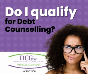A thoughtful woman with glasses wondering if she qualifies for debt counselling, alongside the DCGsa logo and branding.