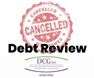 Red "Cancelled" stamp overlaying "Debt Review" text, accompanied by the DCGsa logo and branding