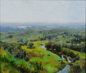 Original oil painting from Dobrska Cliff overlooking a winding stream and green valley, expressive Polish landscape by Andrea Bocedi.