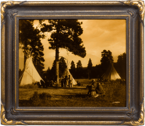 Edward Curtis Flathead Camp Curtis Goldtone Flathead Camp Curtis Salish camp Framed Curtis Goldtone batwing frame Centennial Edition Curtis Goldtone Flathead (Salish) camp photograph Curtis Montana / Salish images The North American Indian camp scenes Edward S. Curtis Plains photography