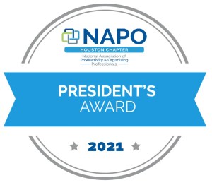 napo-president's-award-2021-badge Elegant award badge for NAPO Houston Chapter President's Award 2021 recognizing excellence in productivity and organizing professionals.
