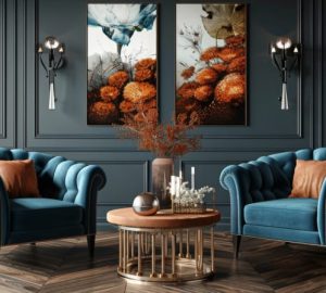 L’ottanio trova equilibrio con legni, neutri e accenti caldi: Design elegante del soggiorno con mobili moderni, tonalità…