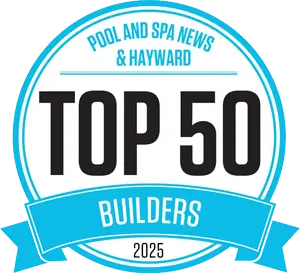 Pool & Spa News and Hayward Top 50 Pool Builders of 2025 badge.