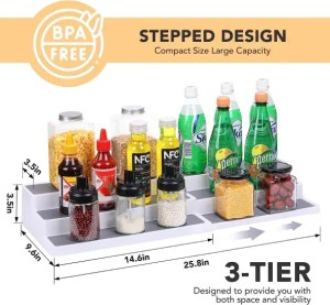Stackable spice rack with three tiers for optimal kitchen organization and space-saving storage. Durable, BPA-free, compact design showcases spices and condiments clearly.