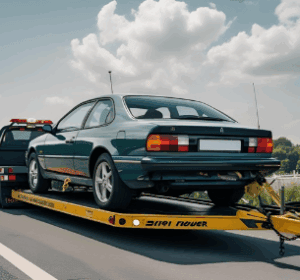 Car being towed on a flatbed truck