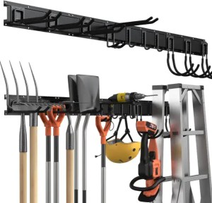 Organized home storage garage wall with hooks, tools, and equipment for easy access and efficient organization.