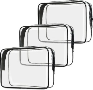 Transparent travel makeup bags with black zippers, ideal for organization and cosmetics storage. Perfect for travel, skincare, and beauty essentials. Durable and stylish design for everyday use and trips.