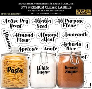 Assorted pantry labels set with clear, waterproof design including pasta, sugar, and brown sugar labels for organization and customization.