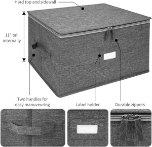 Storage box with handles, label holder, durable zippers, and soft fabric exterior for organized home storage solutions.