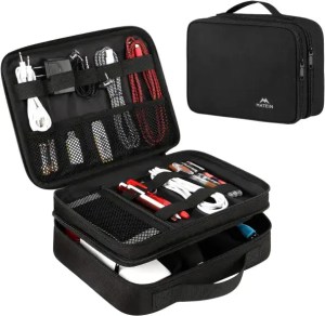 Portable electronic accessories organizer bag, ideal for travel and daily use, with multiple compartments for cables, chargers, and gadgets for efficient storage and quick access.