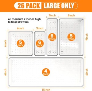 26 Pack Large Clear Plastic Drawer Organizer Bins -5 Size Heavy Duty Acrylic Kitchen Drawer Organizers and Storage for Utensils -Bathroom Drawer Organizer Trays for Makeup Office Organization