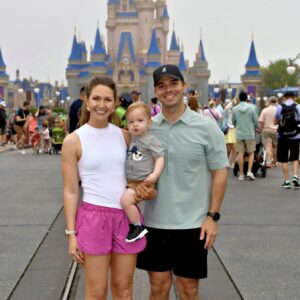 Family enjoying a Disney theme park vacation in front of Sleeping Beauty Castle.
