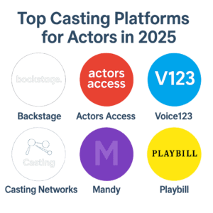 “Symbolic circular icons representing top casting platforms for actors in 2025, including Backstage (black), Actors Access (red), Voice123 (blue), Casting Networks (dark blue), Mandy (purple), and Playbill (yellow), arranged in two rows beneath a bold title on a soft gradient background.”